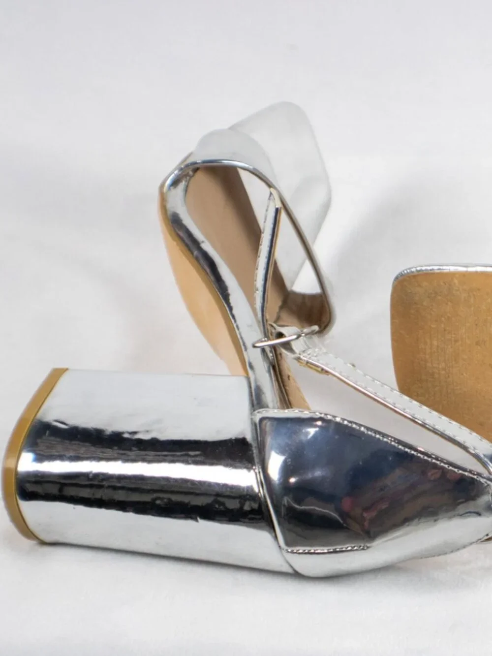 Yoki Metallic Silver Square Toe Ankle Strap Block Heels Size 6.5